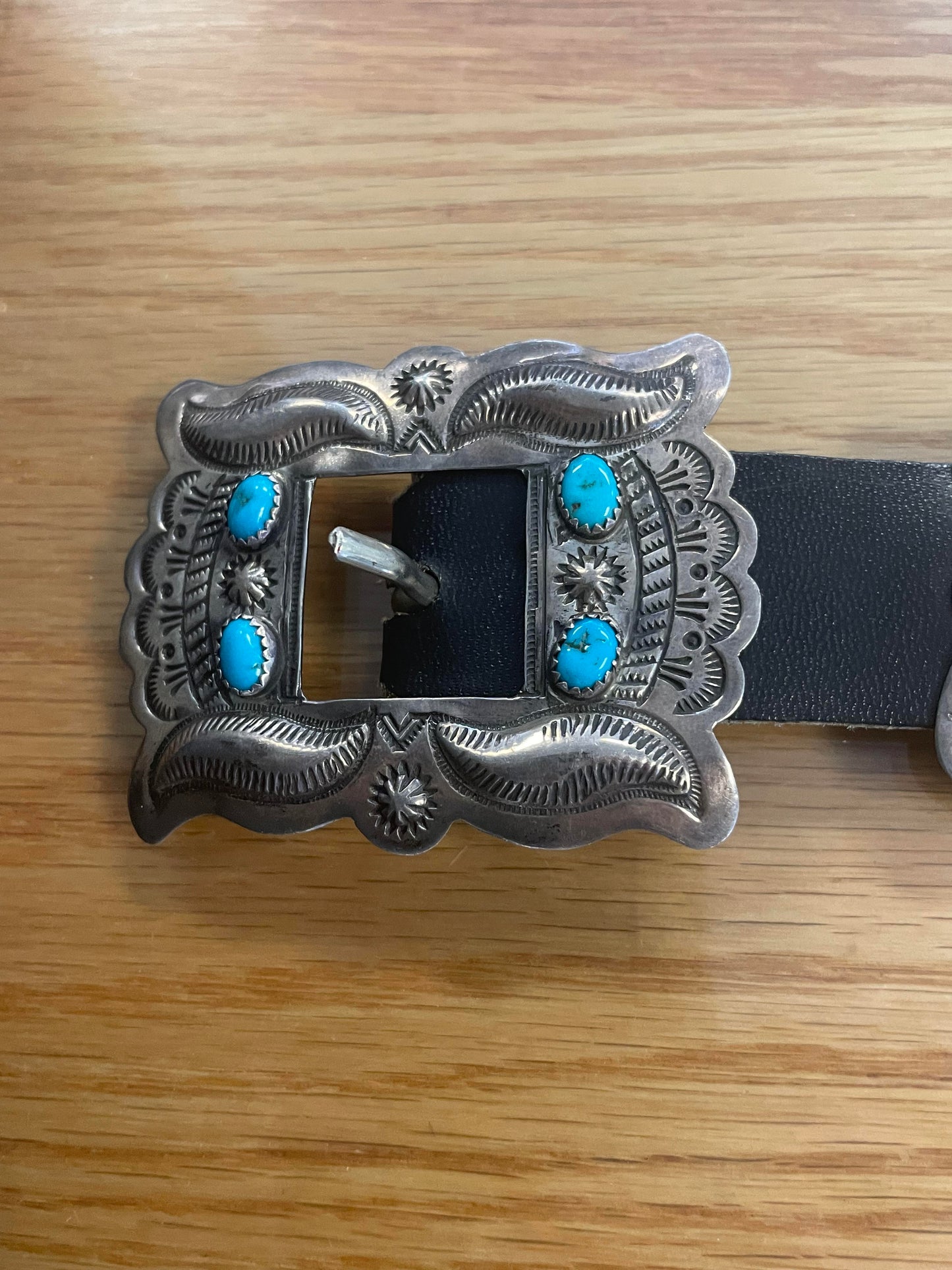 Navajo silver and turquoise Concha belt. 18 pieces stamped B. Soce