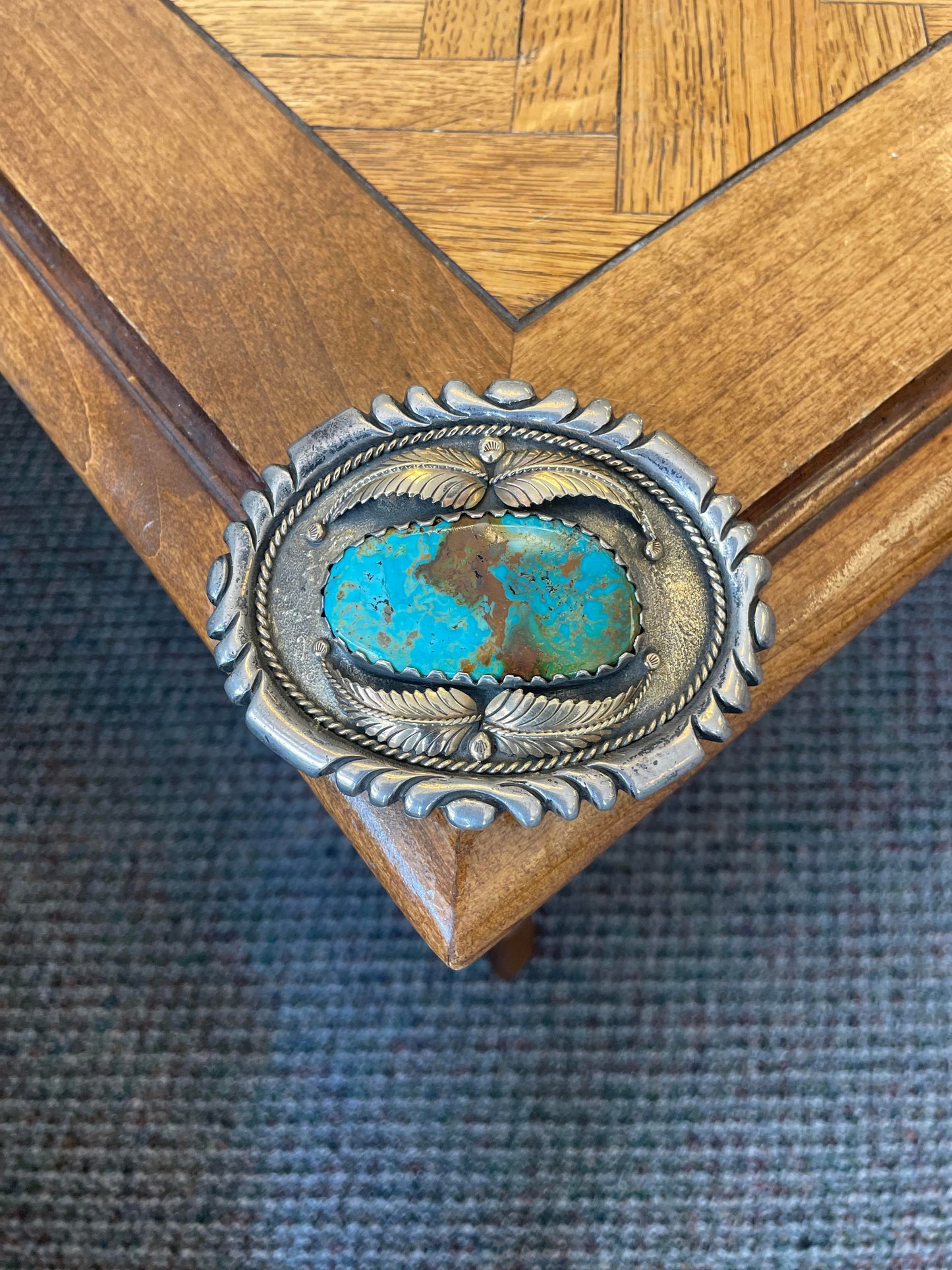 Sterling and Yellow Gold Belt Buckle Ceromonial Turquoise