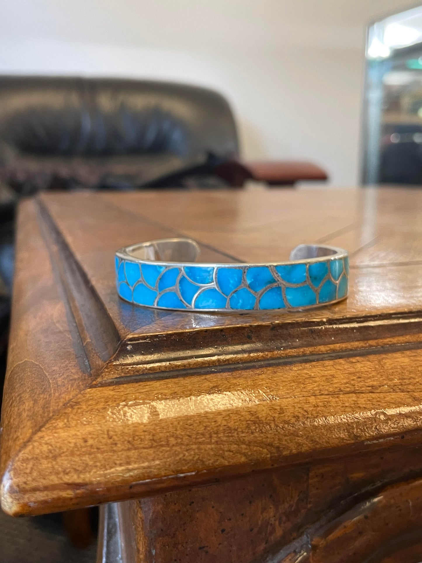 Zuni turquoise inlaid cuff signed Lynette Johnson