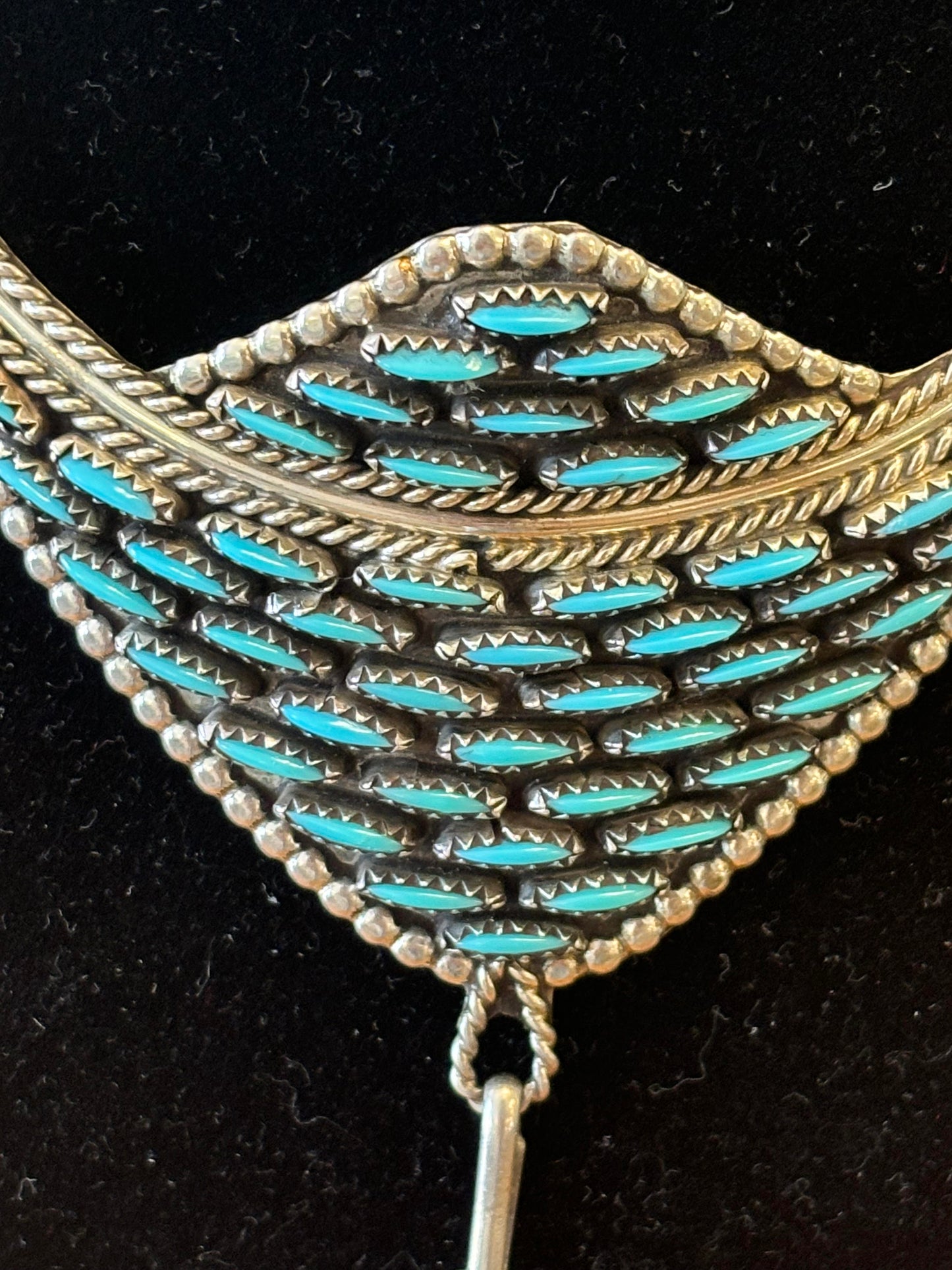 Silver Turquosie needlepoint necklace engraved Jasen Yazzie